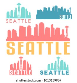 Seattle Washington USA Flat Icon Skyline Silhouette Design City Vector Art Famous Buildings Color Set