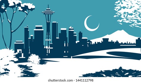 Seattle Washington winter skyline vector illustration