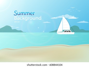 Sea-view background with bright skies, sailing in the sea, illustrations designed for summer, can be used for decoration, text input and more.