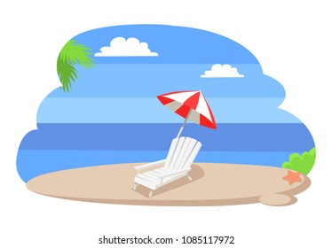 Seaview seascape with tropical beach, chaise longue under striped umbrella, hot summer vector sand, palm leaves and blue sea or ocean on coastline