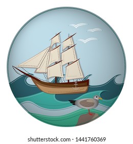 Seaview with ship and seagulls. Handcraft imitation