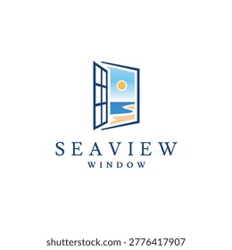 Seaview Window Logo Design with Beach Landscape Vector
