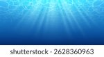 Seawater background, top view. Abstract illustration of underwater blue ocean scene. Sunlight penetrates through water creating dynamic light patterns. Ideal for marine themed designs.