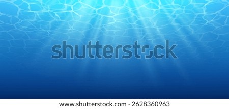Seawater background, top view. Abstract illustration of underwater blue ocean scene. Sunlight penetrates through water creating dynamic light patterns. Ideal for marine themed designs.