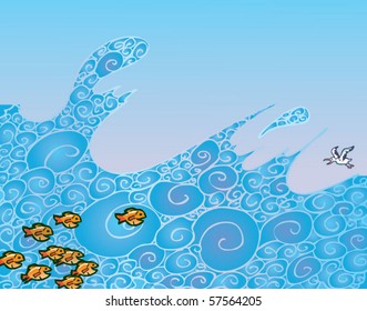 Sea-waves with fish and bird