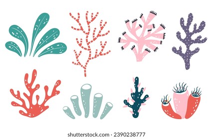 Seaweed alga marine sea plant aquatic reef isolated set. Vector flat graphic design illustration
