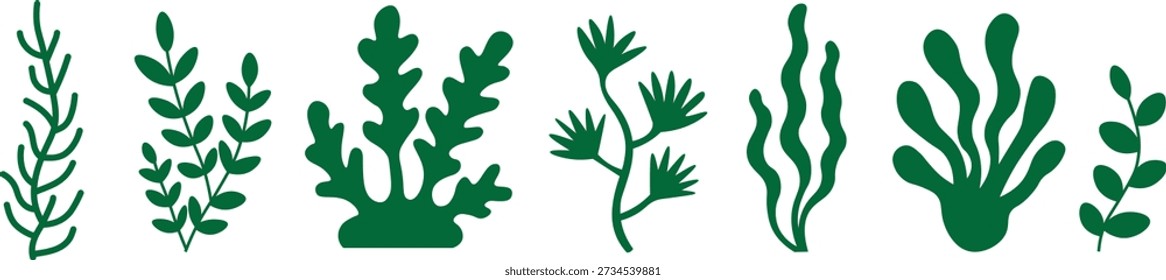 Seaweed and Algae Vector Icons Set. Marine Plants, Underwater Botanical Silhouettes