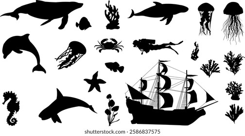 seaweed, animals, ship set black silhouette, vector