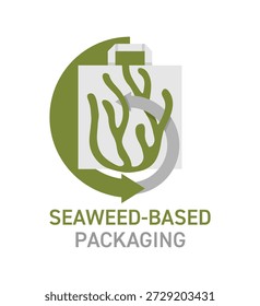 Emblema de embalagem à base de algas. Material biodegradável feito a partir de biomassa renovável de algas marinhas como uma alternativa ecologicamente correta ao plástico para embalagens sustentáveis de alimentos e produtos
