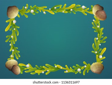 Seaweed border with shells and pearls on blue green background. Vector illustration. 