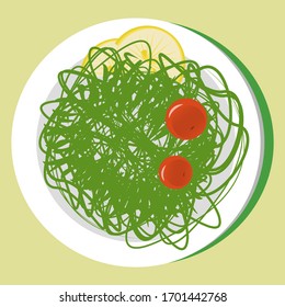 seaweed chuka salad japanese food lemon on top green background white plate