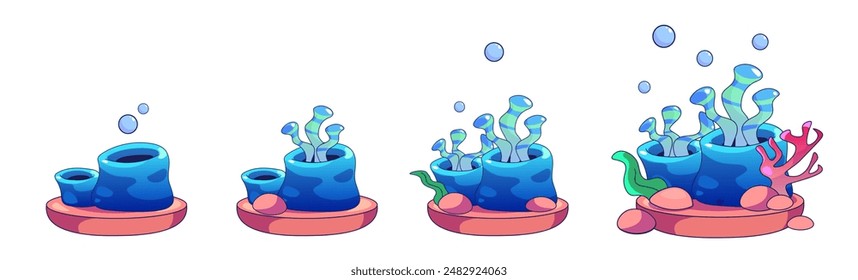 Seaweed and coral with bubble on sand island for game ui level rank design. Cartoon vector illustration set of success progress steps of growing underwater creature and algae. Aquatic seafloor plant.