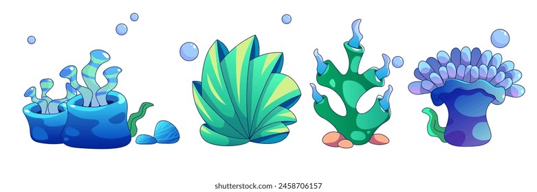 Seaweed and coral with bubbles cute cartoon vector illustration set for sea or ocean bottom and aquarium creation. Tropical deep underwater plants and creatures. aquatic marine flora collection.