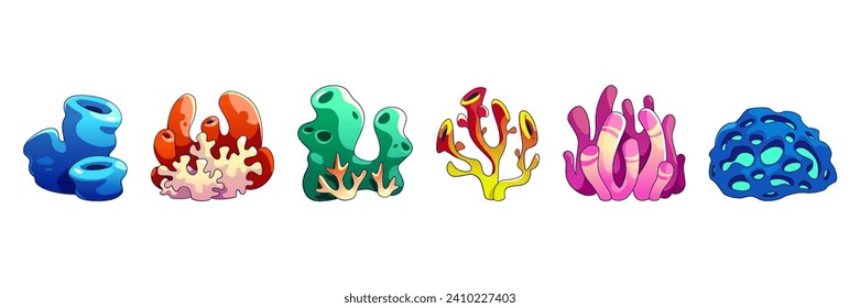 Seaweed and coral cartoon vector illustration set. Underwater ocean and aquarium plants and creatures. Various aquatic colorful marine algae and oceania sponge. Wildlife natural seabed flora.