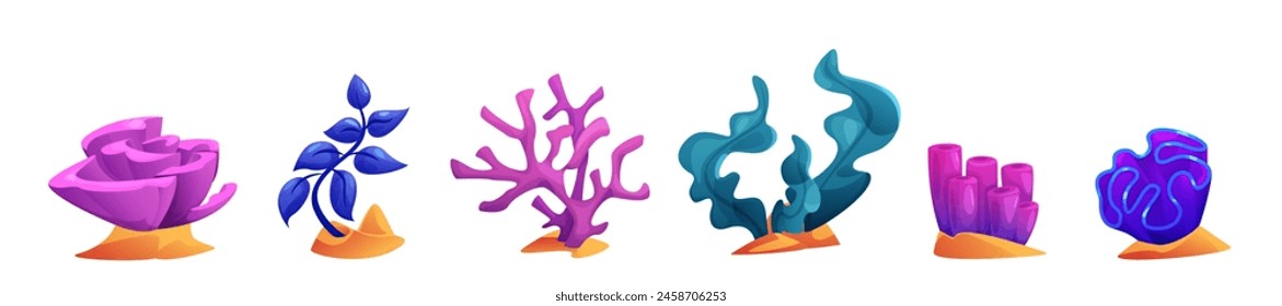 Seaweed and coral cartoon vector illustration set. Sea, ocean or aquarium bright tropical underwater plants and creatures on sand. collection of marine bottom flora and fauna exotic elements.