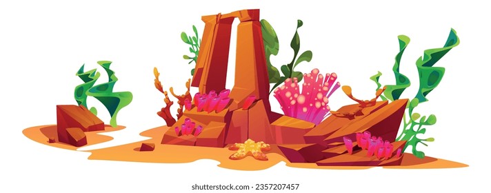 Seaweed and coral on rock underwater vector illustration. Ocean reef icon with alga, kelp grass and stone painting for wild life. Game concept with boulder and sand decorative design composition