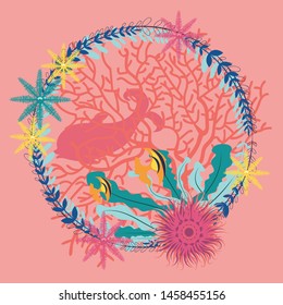 Seaweed and coral reef, marine themed abstract design illustration.