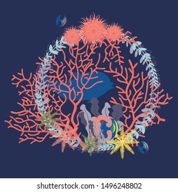 Seaweed and coral reef, marine themed abstract design illustration.
