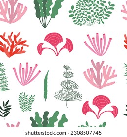 Seaweed and coral seamless pattern. Different kinds of ocean  plants and algae pattern
