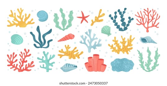 Seaweed and coral of set. Hand drawn aquarium plants, underwater ocean flora, seashell, algae, starfish. Vector marine plants and animals of the seabed. Flat cartoon illustration.