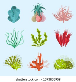 Seaweed and coral silhouettes. Ocean reef corals, underwater marine plants and aquariums kelp. Deep water seaweed isolated set