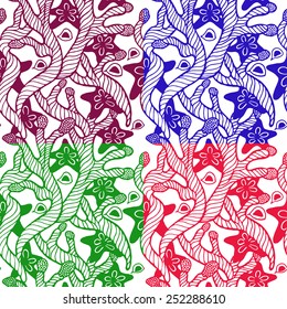 Seaweed, coral and starfish meadows seamless pattern. Contour art illustration