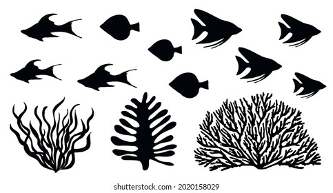 seaweed and corals ocean bottom. sea fish vector silhouettes isolated on white background