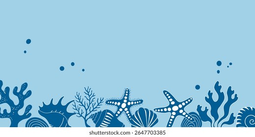 Seaweed, corals, shells banner, poster, background, card. Underwaterlife design.