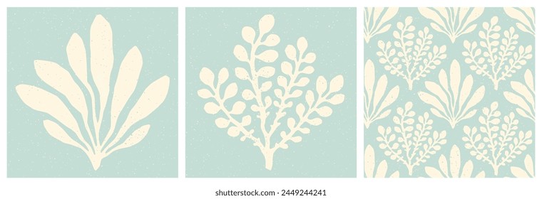 Seaweed cut out prints and seamless pattern with speckled texture. Underwater sea life pastel blue and cream vintage summer holiday hand drawn coastal print set and background.