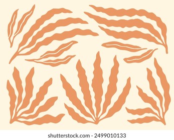 Seaweed cutouts block print. Peach orange seaweed leaves nautical collage design element set. Vintage summer sea holiday hand drawn seaweed silhouette illustrations. Linocut algae print collection.