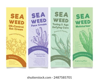 Seaweed face cream beauty cosmetic care product label design template set engraved vector illustration. Natural algae underwater plant moisturizing hydration revitalization skincare treatment emblem