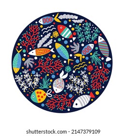 Seaweed and fish. Around illustration. Greeting card.