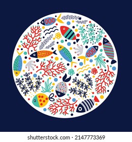 Seaweed and fish. Around illustration. Greeting card.