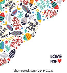 Seaweed and fish. Decorative card. 