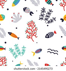 Seaweed and fish. Decorative seamless pattern. Can be used in textile industry, paper, background, scrapbooking.