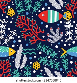 Seaweed and fish. Decorative seamless pattern. Can be used in textile industry, paper, background, scrapbooking.