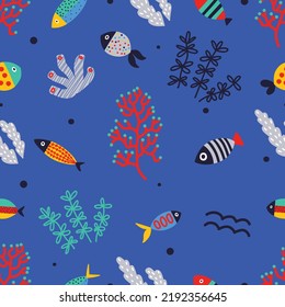 Seaweed and fish. Decorative seamless pattern. Can be used in textile industry, paper, background, scrapbooking.