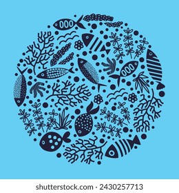 Seaweed and fish. Decorative seamless pattern. Can be used in textile industry, paper, background, scrapbooking.