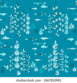 Seaweed and fish in the sea. Underwater world. Seamless pattern. Vector illustration for web design or print.