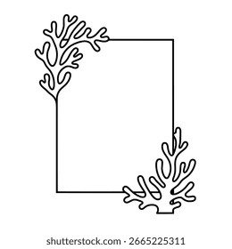 Esquinas de marco de algas marinas, Ilustración vectorial de ramas de coral para un borde de página minimalista o diseño de tarjeta de invitación con temática marina.