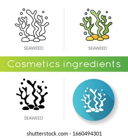 Seaweed icon. Natural component. Skincare treatment product. Antiaging effect. Marine grass extract. Cosmetic ingredient. Linear black and RGB color styles. Isolated vector illustrations