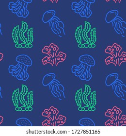 Seaweed and jellyfish icons pattern. Marine life seamless background. Seamless pattern vector illustration