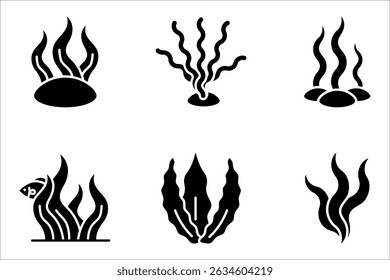 Conjunto de iconos lineales de algas marinas. planta submarina, componente natural, tratamiento de cuidado de la piel y alimentos Ingrediente. Ilustración vectorial sobre fondo blanco