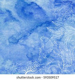 Seaweed on a blue watercolor background. Vector illustration with space for text. Invitation, greeting card or an element for your design.