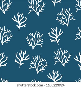 Seaweed on a navy background. Seamless pattern of marine plants. Vector background with unerwater plants
