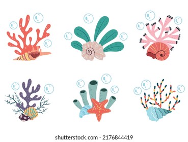 Seaweed on sea bottom isolated set. Vector flat cartoon graphic design illustration