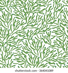 Seaweed on a white background. Seamless pattern of marine plants. Vector background of green aquatic plants.