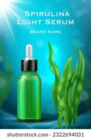 Seaweed poster. Spirulina realistic picture for ads placard with place for text decent vector template for prints design projects