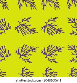 Seaweed purple vector pattern illustration on the green background. Botanical abstract pattern. Botanical ornament pattern. 