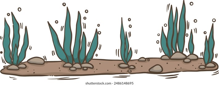 Seaweed and rock on sand illustration border for decoration on aquatic and marine life landscape.